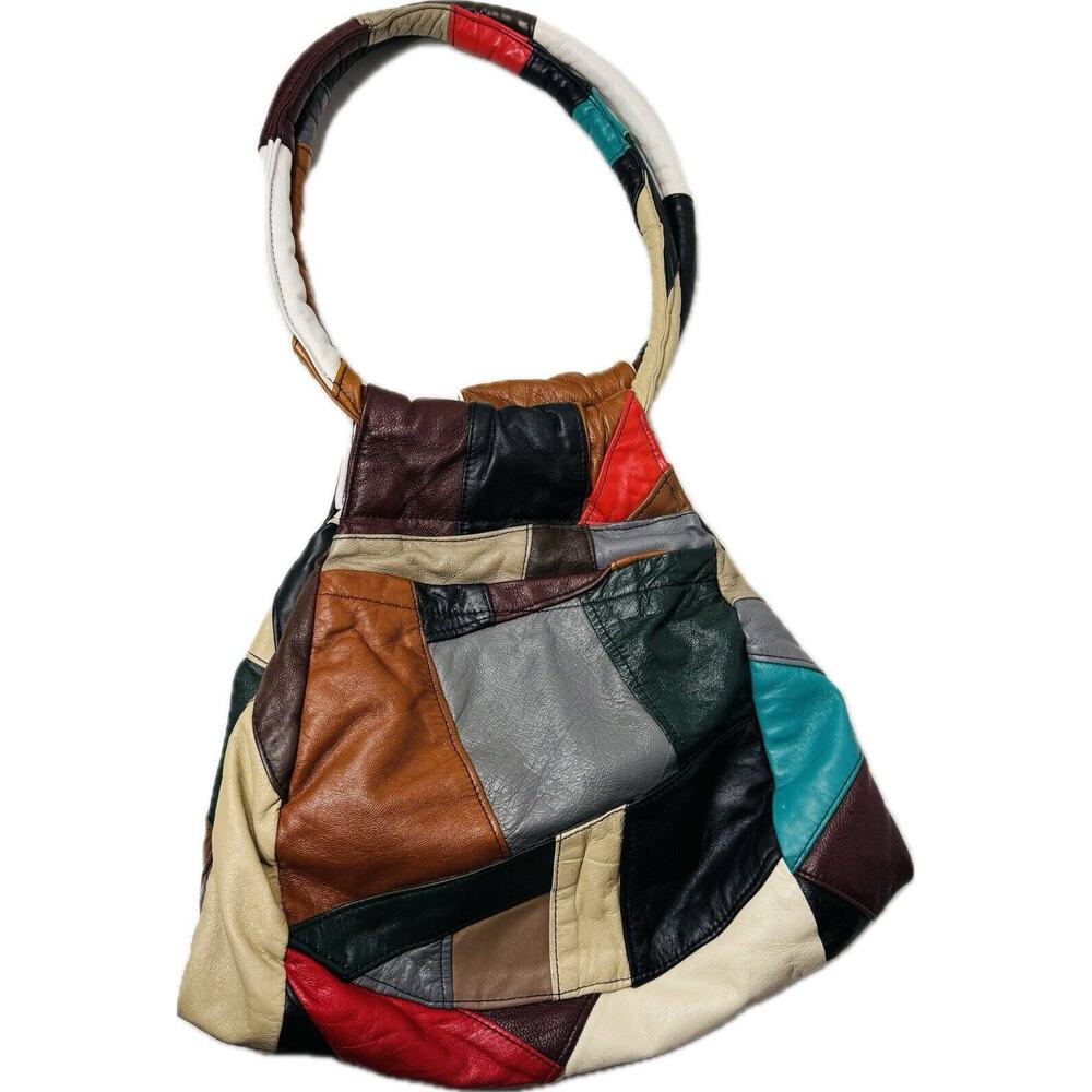 Patchwork Leather Purse Handbag Vintage USA Made Multicolor Mocha Cream Brown